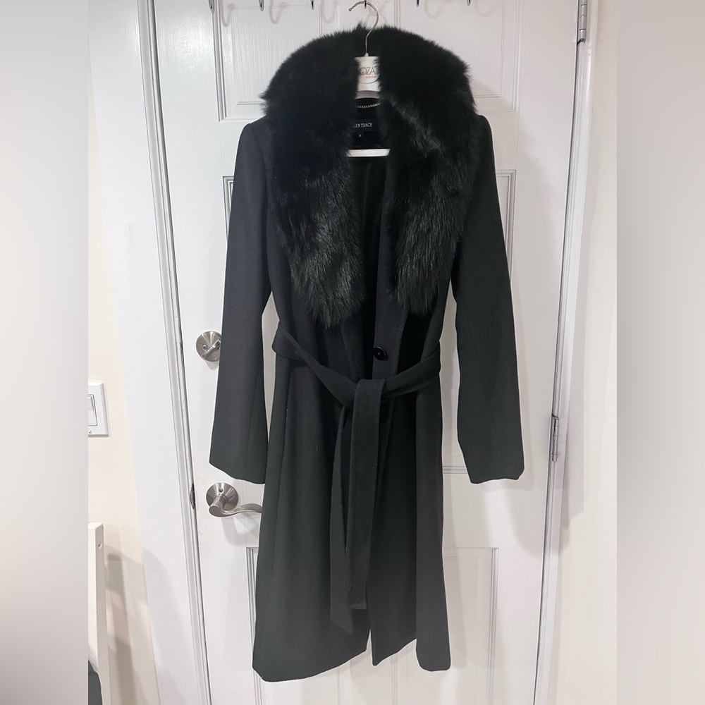 Ellen Tracy Wool Wrap Coat with Fur